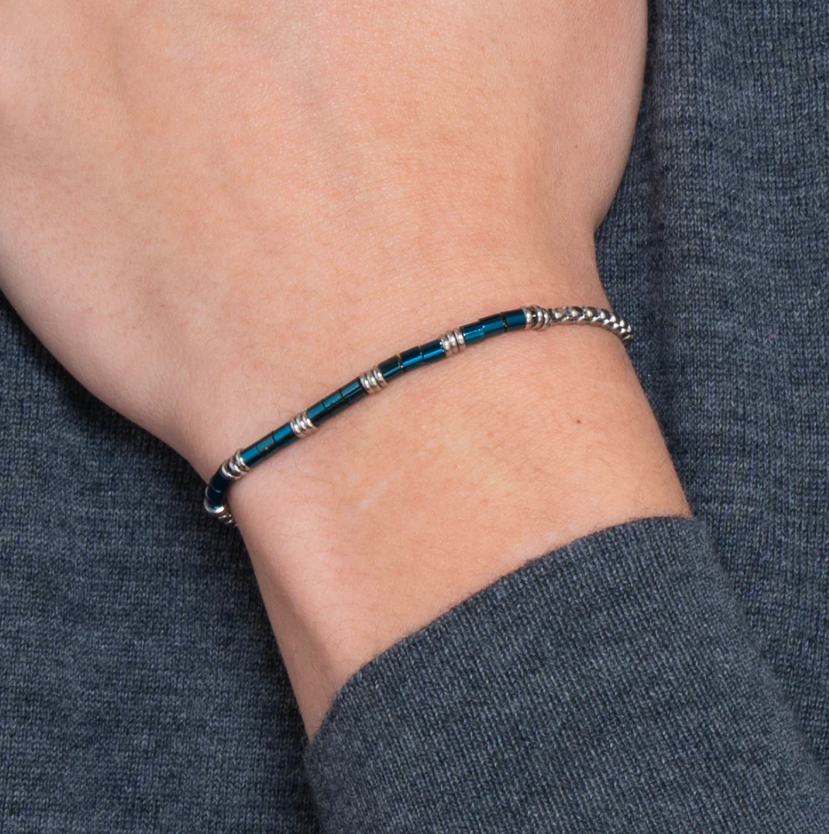 Bracciale Luca Barra Uomo Acciaio con Perline Blu _BA1836