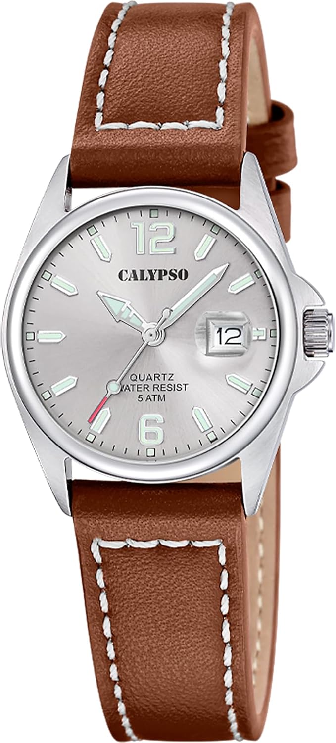 CALYPSO Damen-Armbanduhr aus Stahl mit Uhrzeit und Datum, braunes Lederarmband _K5871-2