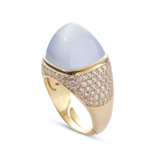 Anello Boccadamo Donna Bronzo Col. Argento Pave' Zirconi Piramidale Agata Azzurro _KAN002DF