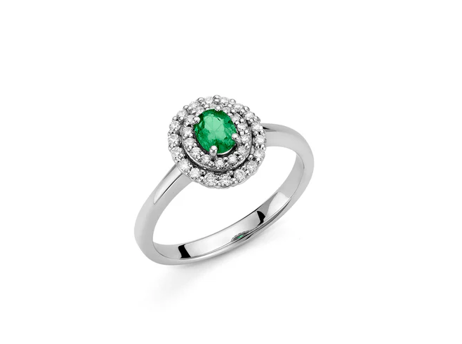Anello Miluna Oro Binaco 18 Kt Nr 32 Diamanti 0,19 Nr 1 Smeraldo Ovale 0,32 ct tg 14 _LID3455