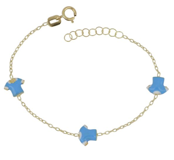 Bracciale Bambino Oro Giallo Catenina Sottile Modello Rolo' 3 Magliettine Scatolate Smaltate Azzurro Bianco _BR011