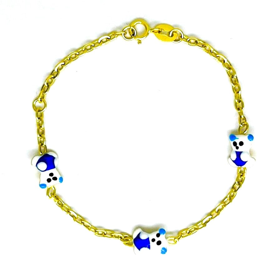 Bracciale Bambino Oro Giallo 18 kt N. 3 Orsetti Smaltati Bianco Azzurro Blu _BR016