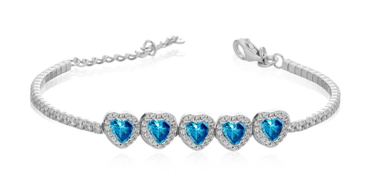 The Writings of Love Armband für Damen, 925 Silber, Tennismodell, 5 Herzen, Aquamarin _LSB16