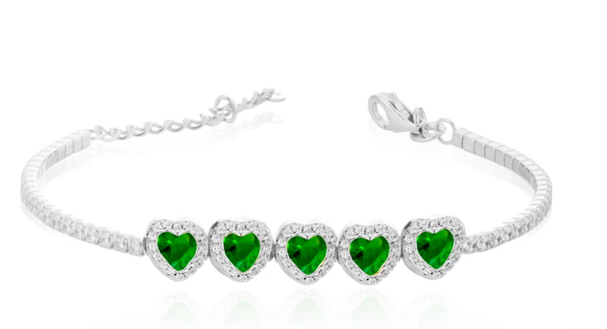 Bracciale Le Scritte dell'Amore Donna Argento 925 Modello Tennis 5 Cuori Verdi _LSB17