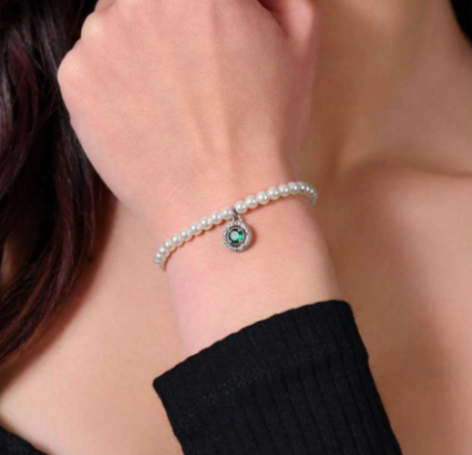 Bracciale Luca Barra Donna Acciaio Perle e Cerchio con Zircone Verde _BK2662