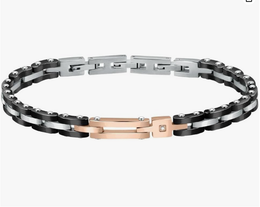 Bracciale Morellato Uomo Acciaio Ceramica Nero Oro Rosa Diamanti _SAUK02