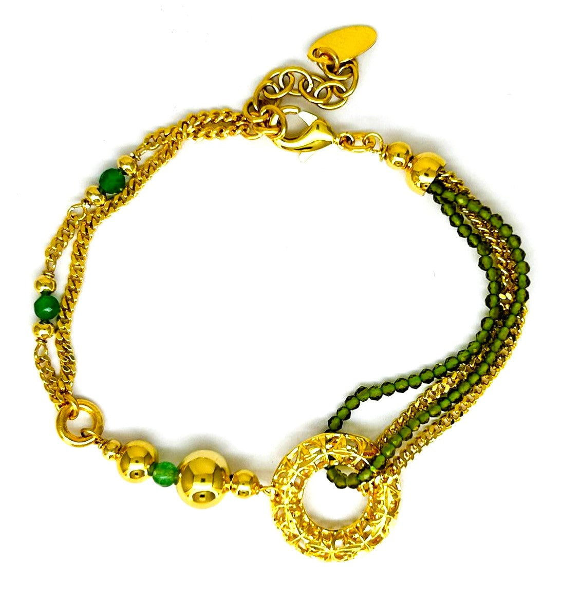 Bracciale Ungari Donna Bronzo Centrale Cerchio Perline Verdi FIRENZE _BR043