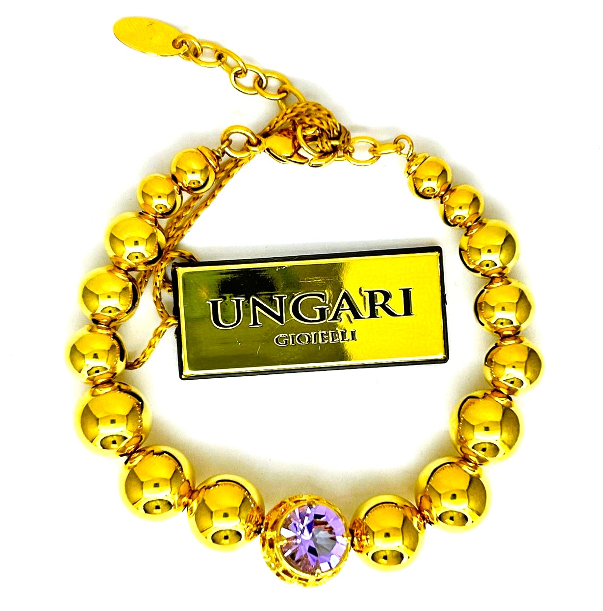 Bracciale Ungari Donna Bronzo Rigido Perle Centrale Zircone Douple Face Zircone Lilla e Azzurro DIAMANTI _BR026