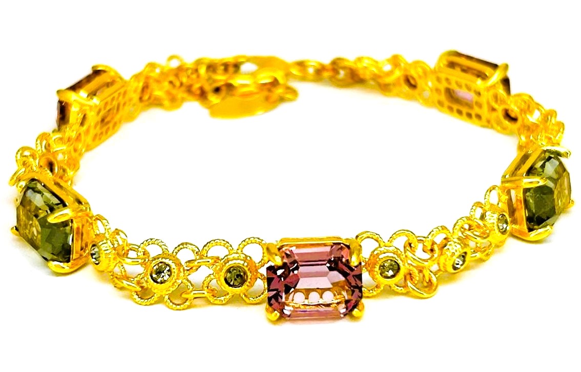 Bracciale Ungari Gioielli Donna Bronzo Cristalli Rettangolari Rosa Bianco Maglia Fiore Lavorata CAMIRE BR 025