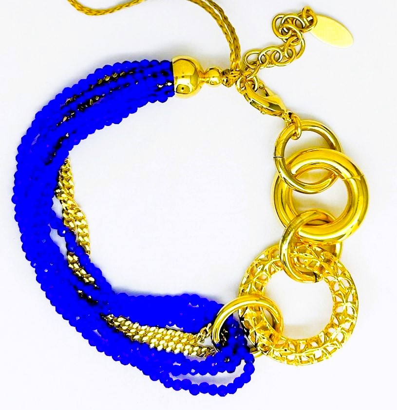 Bracciale Ungari Gioielli Donna Bronzo Dettagli Cerchi Pieni e Traforati Perline Blu e oro FIRENZE BR040