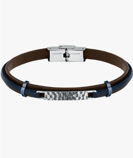 Bracciale Uomo Pelle Piastrina Acciaio Collezione Spirit Blu e Marrone _SZV117