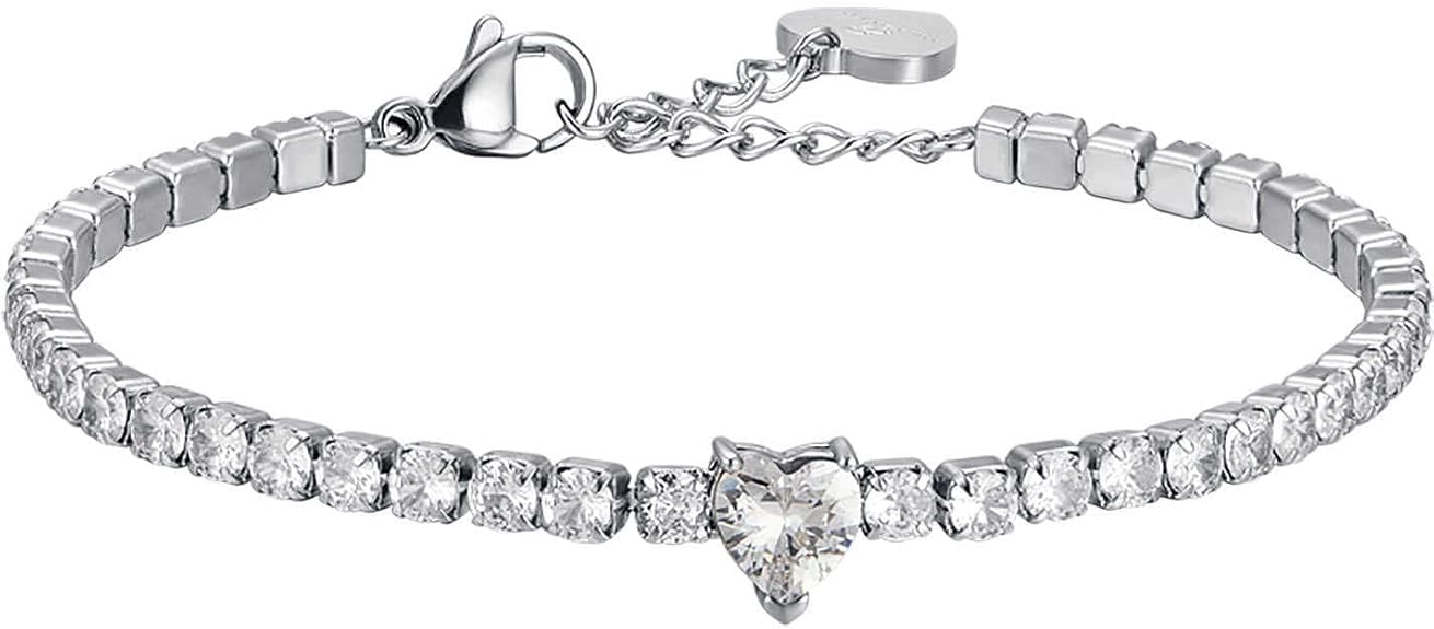 Bracciale Luca Barra Acciaio Silver Tennis Zirconi Cuore Bianchi _BK2280