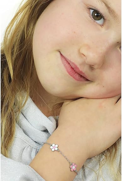 Bracciale Luca Barra Bambina Acciaio Fiori Alternati Smaltati Rosa _JB105