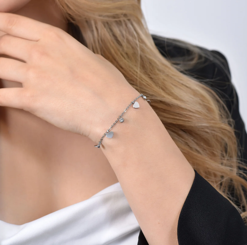 Bracciale Luca Barra Donna Acciaio Argentato Cuori Alternate Zirconi _BK2616