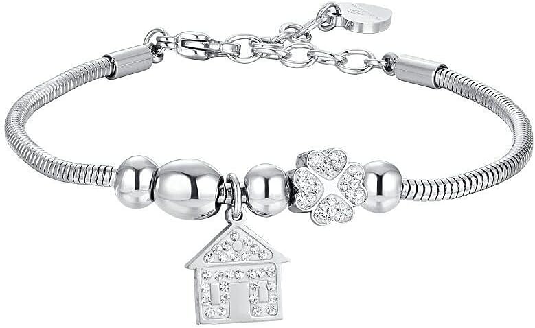 Bracciale Luca Barra Donna Acciaio Argentata Ciondolo Casetta Cristalli _BK2703
