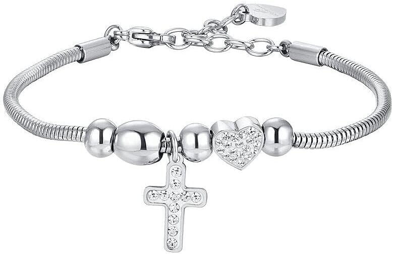 Bracciale Luca Barra Donna Acciaio Argentata Ciondolo Croce Cristalli _BK2700