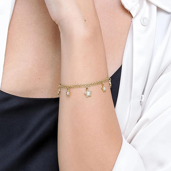 Bracciale Luca Barra Donna Acciaio Dorato Doppio Filo Stelle Cristalli Bianchi _BK2060
