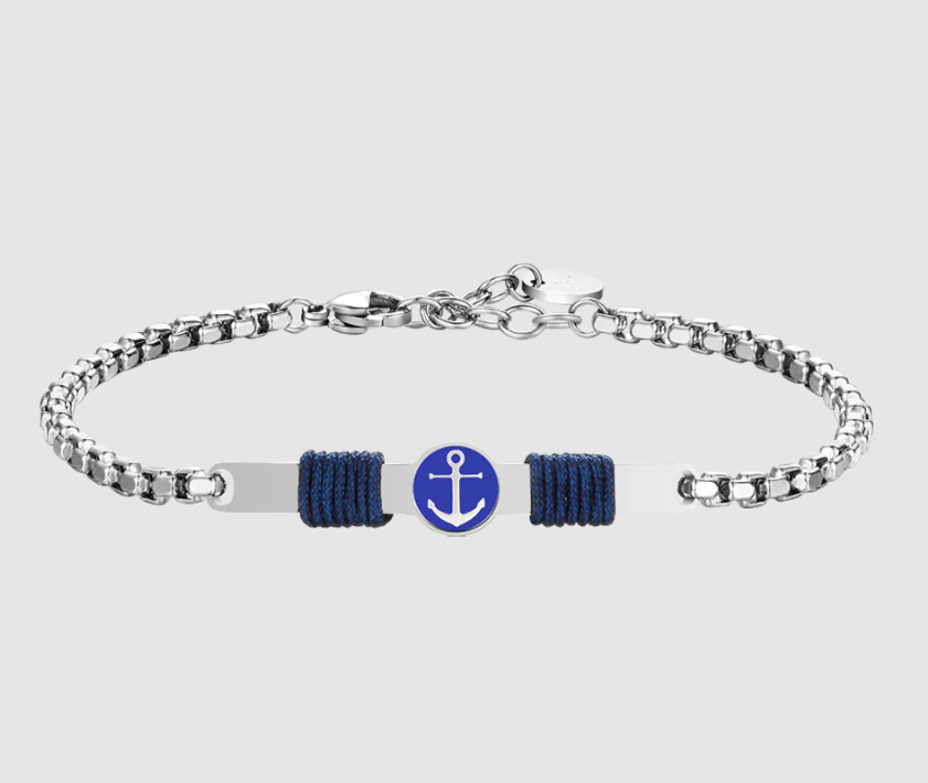 Bracciale Luca Barra Uomo Acciaio Piastrina Centrale con Ancora e Corda Blu _BA1842