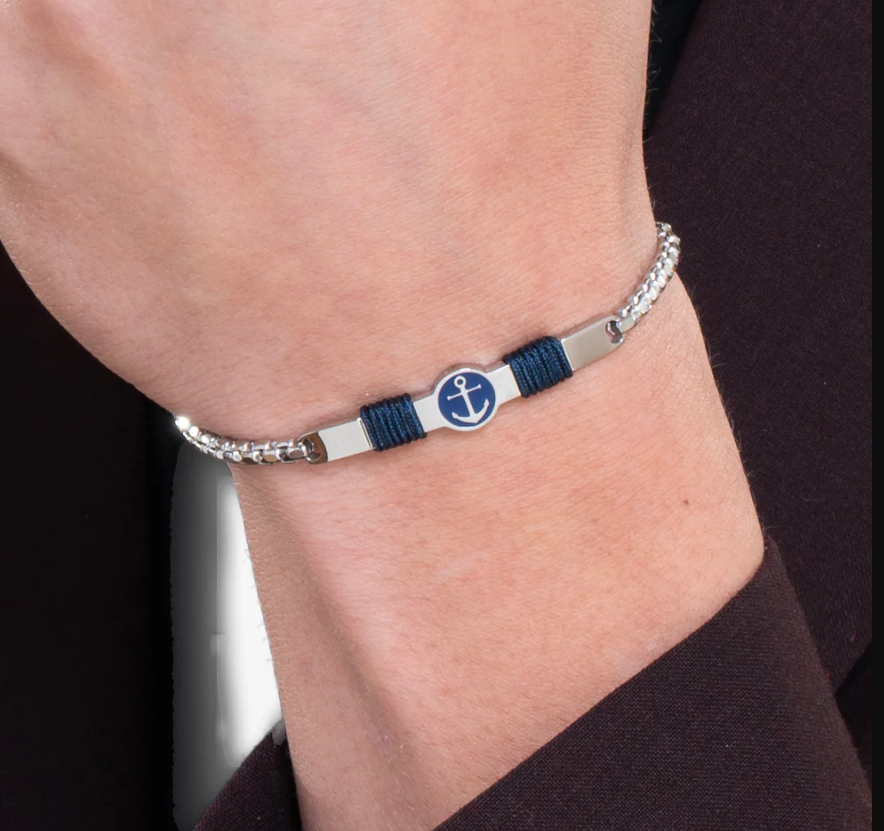 Bracciale Luca Barra Uomo Acciaio Piastrina Centrale con Ancora e Corda Blu _BA1842