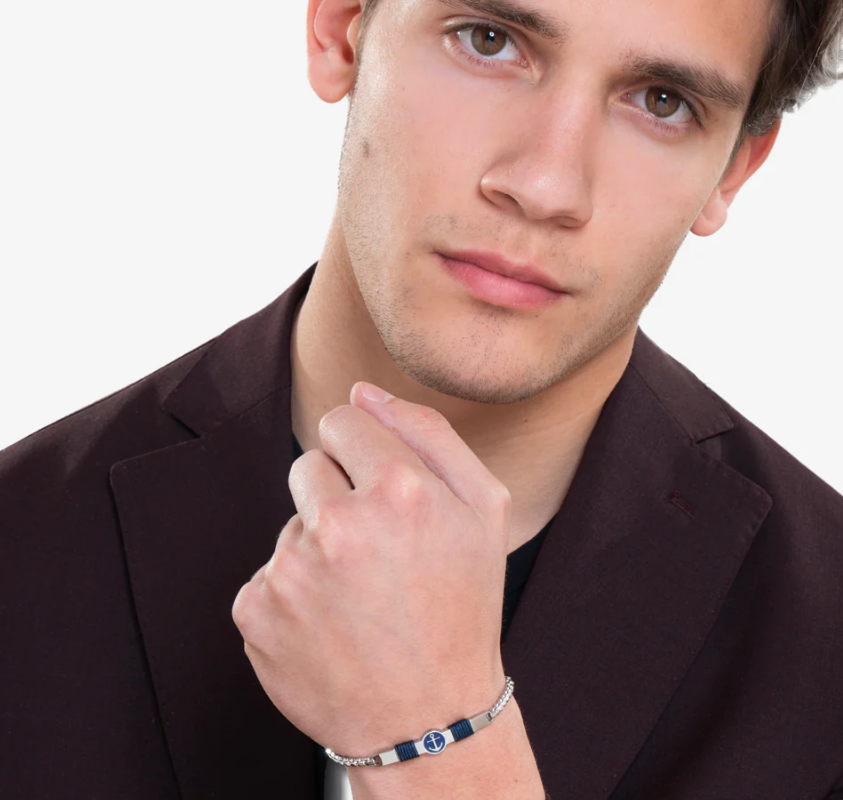 Bracciale Luca Barra Uomo Acciaio Piastrina Centrale con Ancora e Corda Blu _BA1842