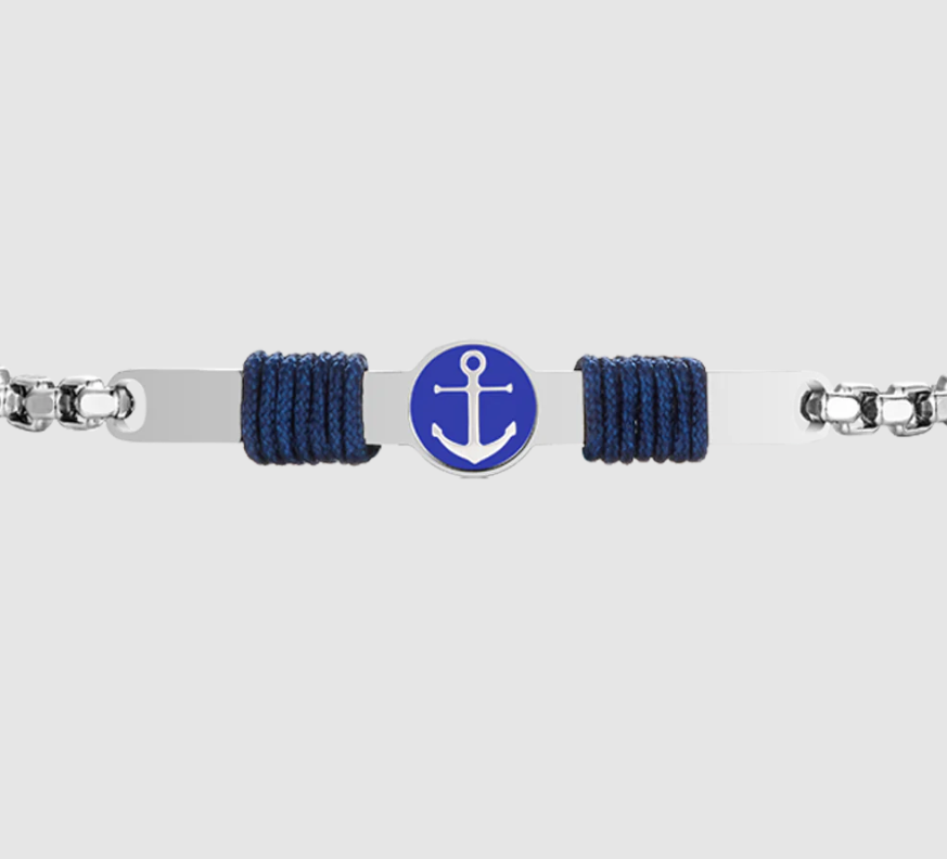 Bracciale Luca Barra Uomo Acciaio Piastrina Centrale con Ancora e Corda Blu _BA1842