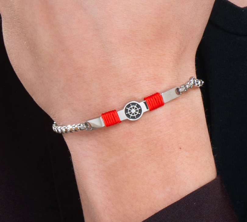 Bracciale Luca Barra Uomo Acciaio Piastrina Centrale con Ancora e Corda Rossa _BA1844