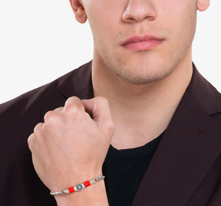 Bracciale Luca Barra Uomo Acciaio Piastrina Centrale con Ancora e Corda Rossa _BA1844