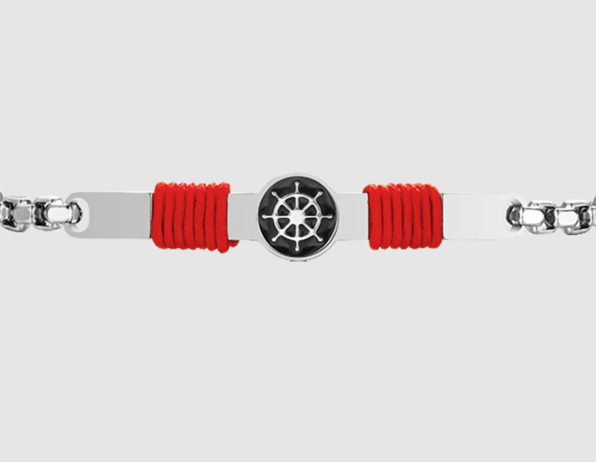 Bracciale Luca Barra Uomo Acciaio Piastrina Centrale con Ancora e Corda Rossa _BA1844