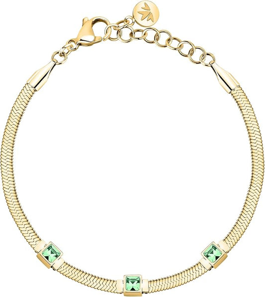 Bracciale Morellato Donna Acciaio Maglia Piatta Gold Cristalli Verdi _SAVY31