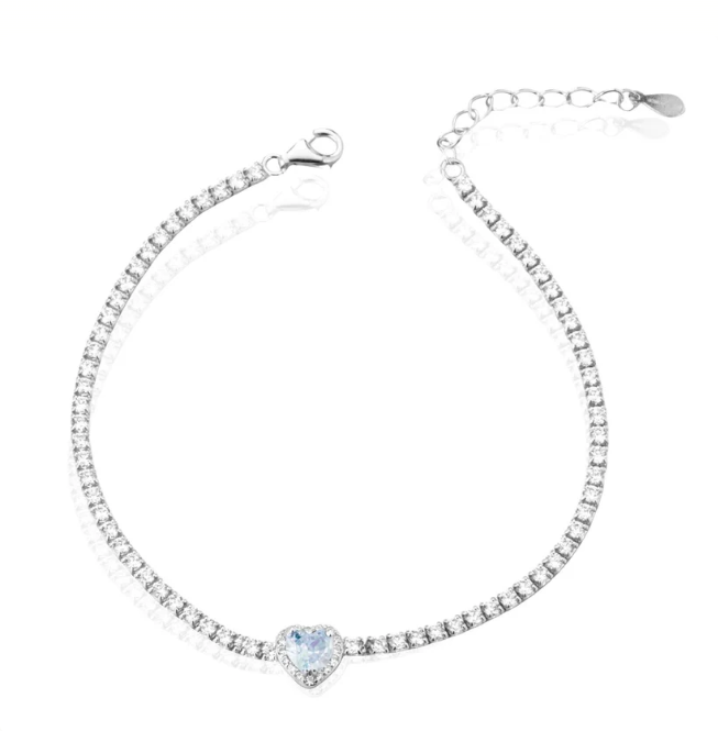 The Writings of Love Armband für Damen, 925 Silber, Tennisarmband, Herz, Aquamarin _LSB36