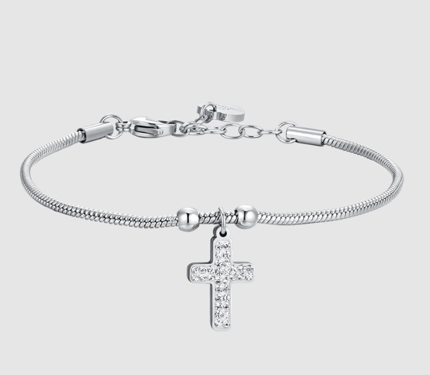 Braccialetto Luca Barra Donna Acciaio Ciondolo croce Cristalli Bianchi _BK2655