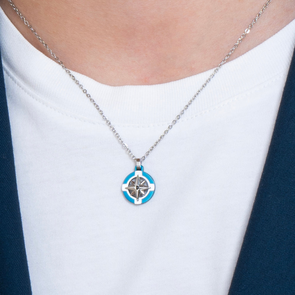 Collana Luca Barra Uomo Acciaio Pendente Rosa dei Venti Dettaglio Blu _CA522