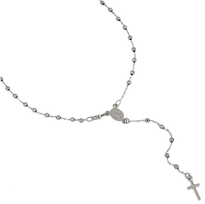 Collana Donna Oro Bianco 18 KT Rosario Catenina Rolo' e Grani Sfaccettati Modello a Y _CL019