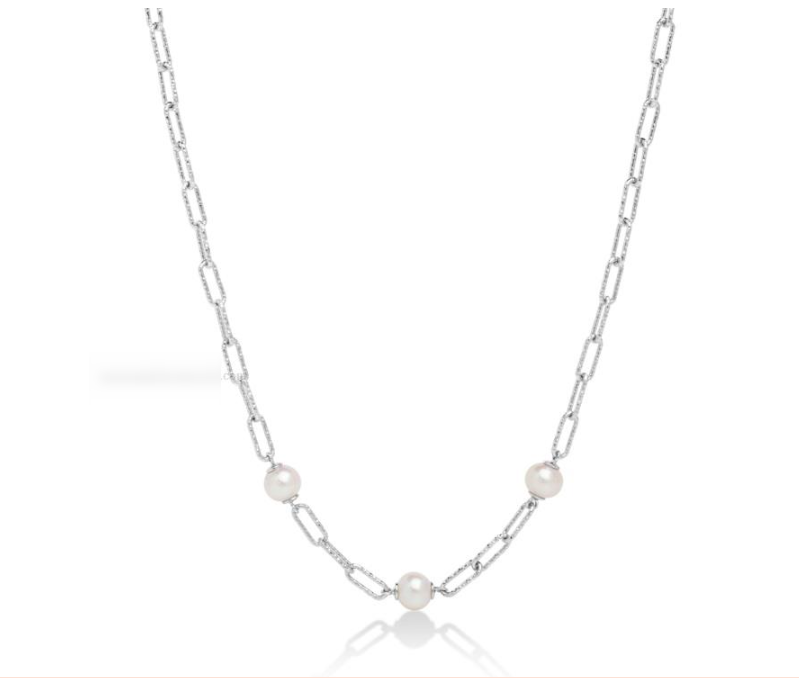 Collana Miluna Donna Argento 925 Maglia Diamantata 3 Perle Coltivate 6,5-7 mm _PCL6065