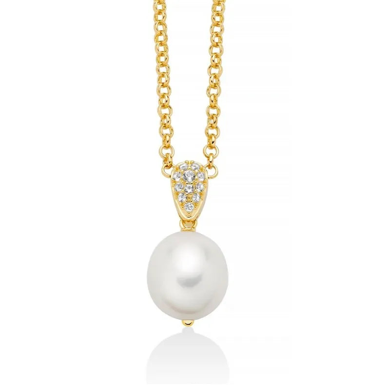Collana Miluna Donna Argento 925 Placcatura Oro Perla Bianca 12-14 mm Topazi Bianchi _PCL6537G