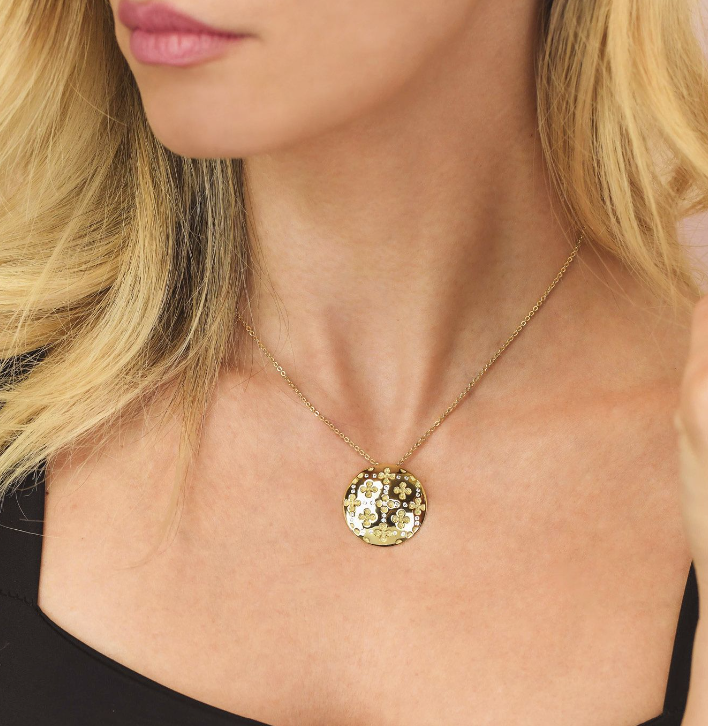 Boccadamo Damen-Halskette aus vergoldeter Bronze mit rundem Anhänger, Blumenmotiv und Zirkonen _XGR723D