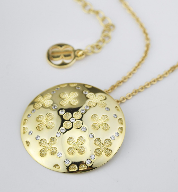 Boccadamo Damen-Halskette aus vergoldeter Bronze mit rundem Anhänger, Blumenmotiv und Zirkonen _XGR723D