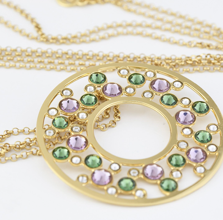 Collana Boccadamo Donna Bronzo Cerchio Grande Placcata Oro Giallo Cristalli Verde Erinite e Light Ametist _XGR722D