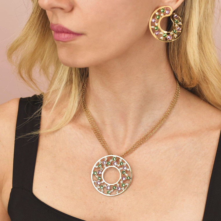 Collana Boccadamo Donna Bronzo Cerchio Grande Placcata Oro Giallo Cristalli Verde Erinite e Light Ametist _XGR722D