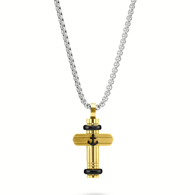 Collana Boccadamo Uomo Acciaio Ciondolo Croce Oro Ancora in Rilievo Nera _AGR253D