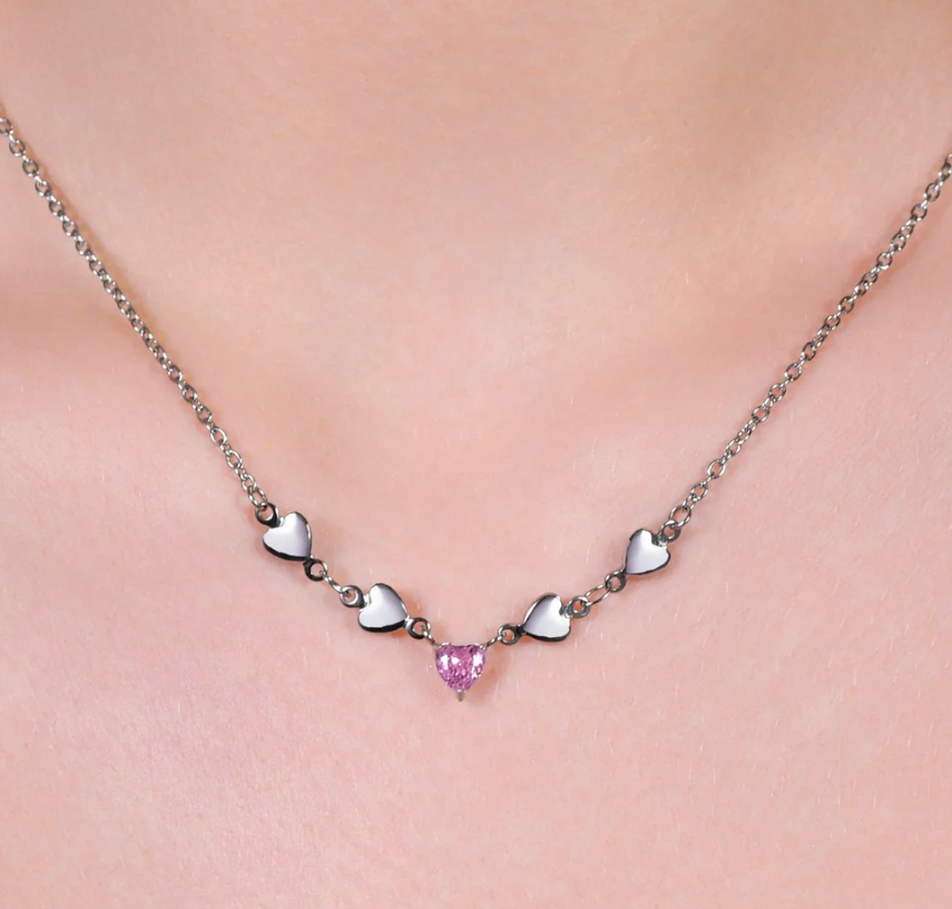 Collana Luca Barra Donna Acciaio Cuori Alternati e Zircone Rosa _CK2076