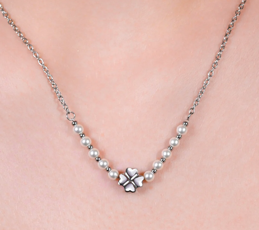 Collana Luca Barra Donna Acciaio Perle Bianche e Quadrifoglio _CK2073