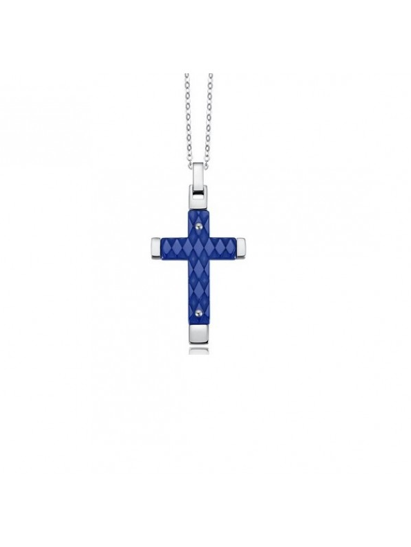 Collana Luca Barra Uomo Acciaio Ciondolo Croce Smaltata Blu CA256