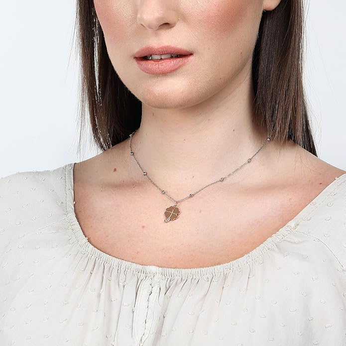 Collana Morellato Donna Acciaio Pendente Quadrifoglio Oro Rosa Cristalli _SAUY05