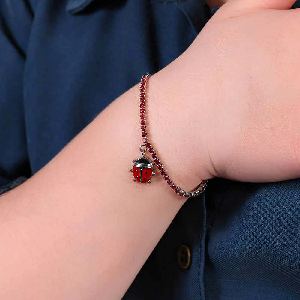 Bracciale Luca Barra Bambina Tennis Zirconi Rossi Ciondolo Coccinella _JB170
