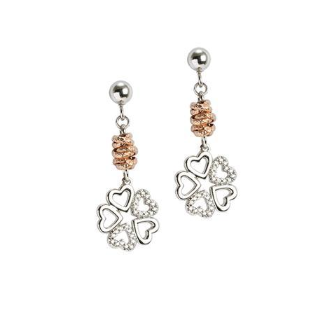 Orecchini Donna Bronzo Col. Argento Pendente Quadrifoglio Zirconi _XOR285