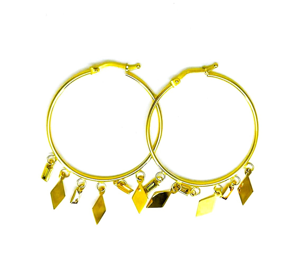 Orecchini Donna Oro Giallo Cerchi Canna Sottile Lucido Pendenti Rombi e Cristalli Rettangolari Alternati _CR016