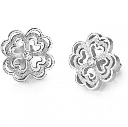 Orecchini Luca Barra Donna Acciaio Quadrifoglio Brillantinato Bianco OK875