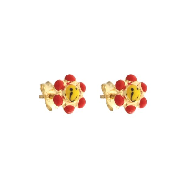 Orecchini Bambina Oro Giallo 18 kt Fiorellino Smalto Rosso Giallo e Nero _OR025