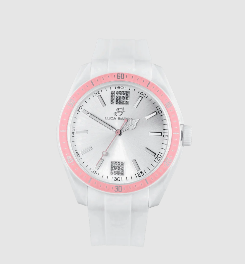 Orologio Luca Barra Cinturino Silicone Bianco Quadrante Argento Lunetta Rosa Solo Tempo _BW368
